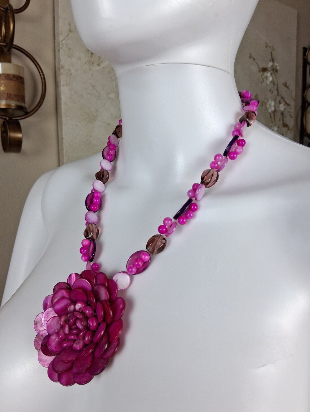 Women's Pink Floral Statement Necklace - Women Jewelry Beaded Necklaces - Picture 13 of 16